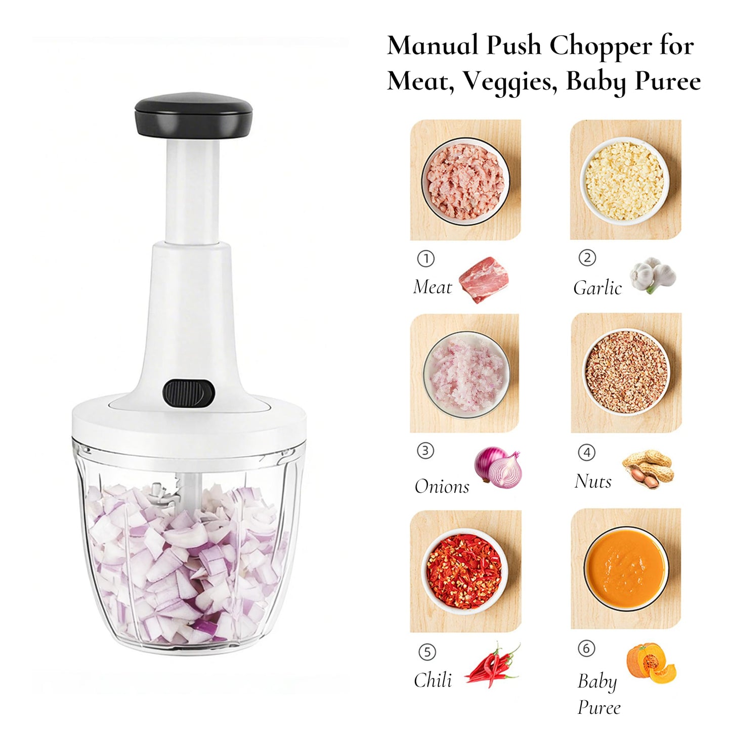 Manual Food Chopper Hand Push Express Vegetable Dicer Mincer Sharp Blades Onion Cutter Garlic Mincer with Container for Chili Meat Nuts Herbs, Dishwasher Safe