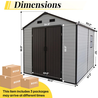 FammyLoft 8x8 FT Heavy Duty Resin Shed with Floor, Waterproof Outdoor Storage Shed with 2 Windows & 4 Vents, Lockable Door for Backyard, Garden, Patio, Bikes Brown White