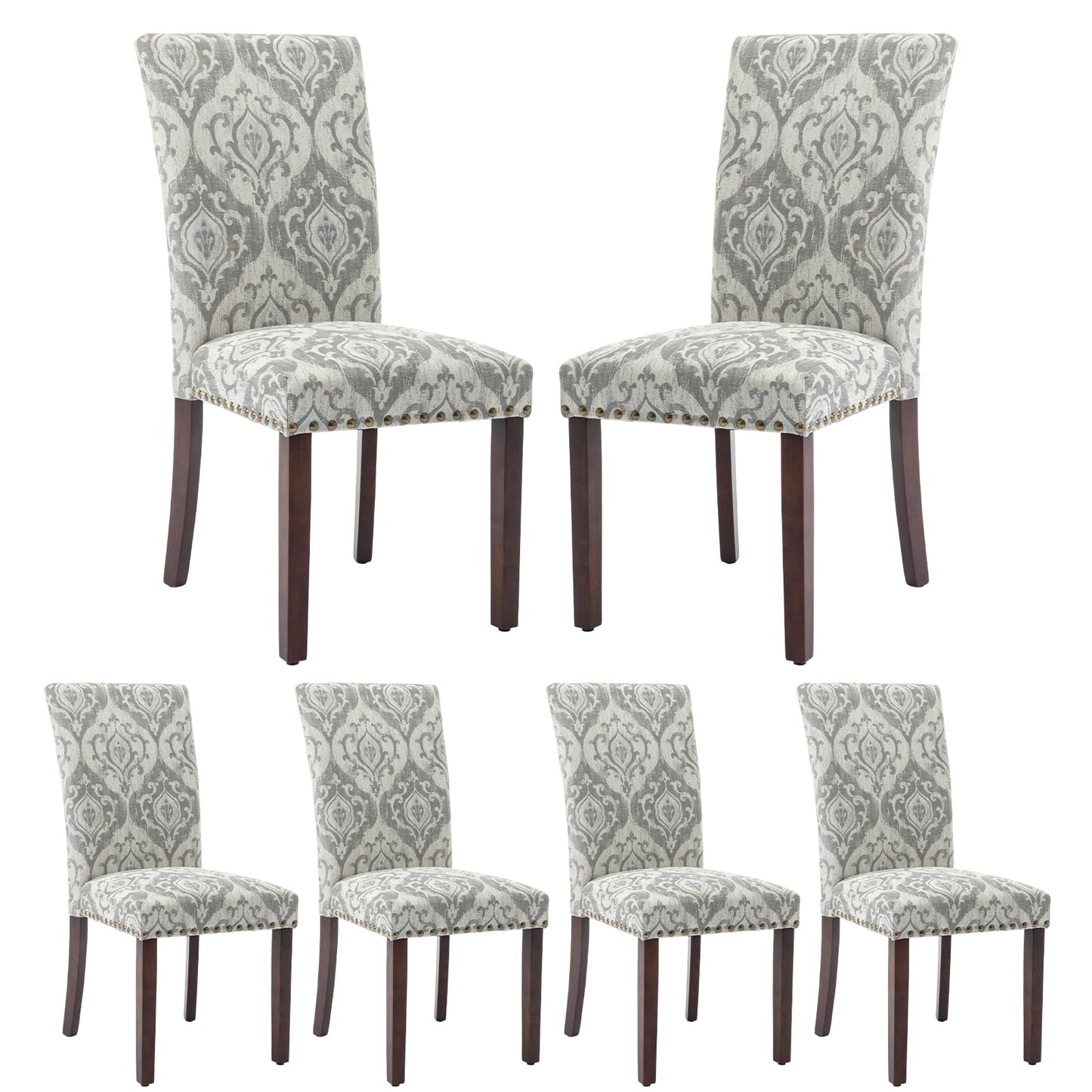 COLAMY Upholstered Parsons Dining Chairs Set of 6, Fabric Dining Room Kitchen Side Chair with Nailhead Trim and Wood Legs - Grey/White Flower
