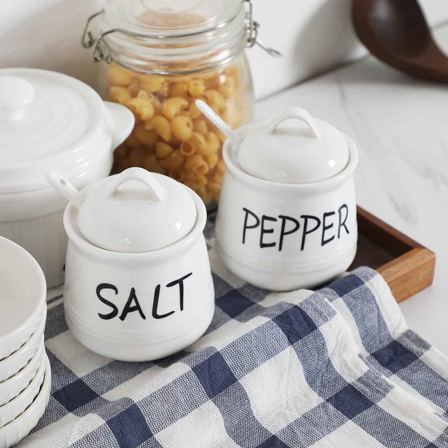HAOTOP Salt and Pepper Bowls with Lid and Spoon - 12 oz Ceramic Cellar Set, Spice Box for Farmhouse Kitchen Decor