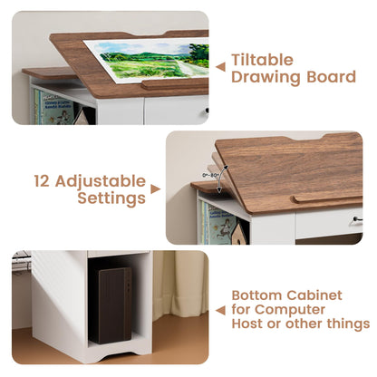Lurinthal Drafting Table with Storage Cabinet & Drawers, Adjustable Drawing Desk with Open Shelves, Craft Table Painting Desk for Artists, Painters, Drawing, Crafting, Reading, Writing, Working