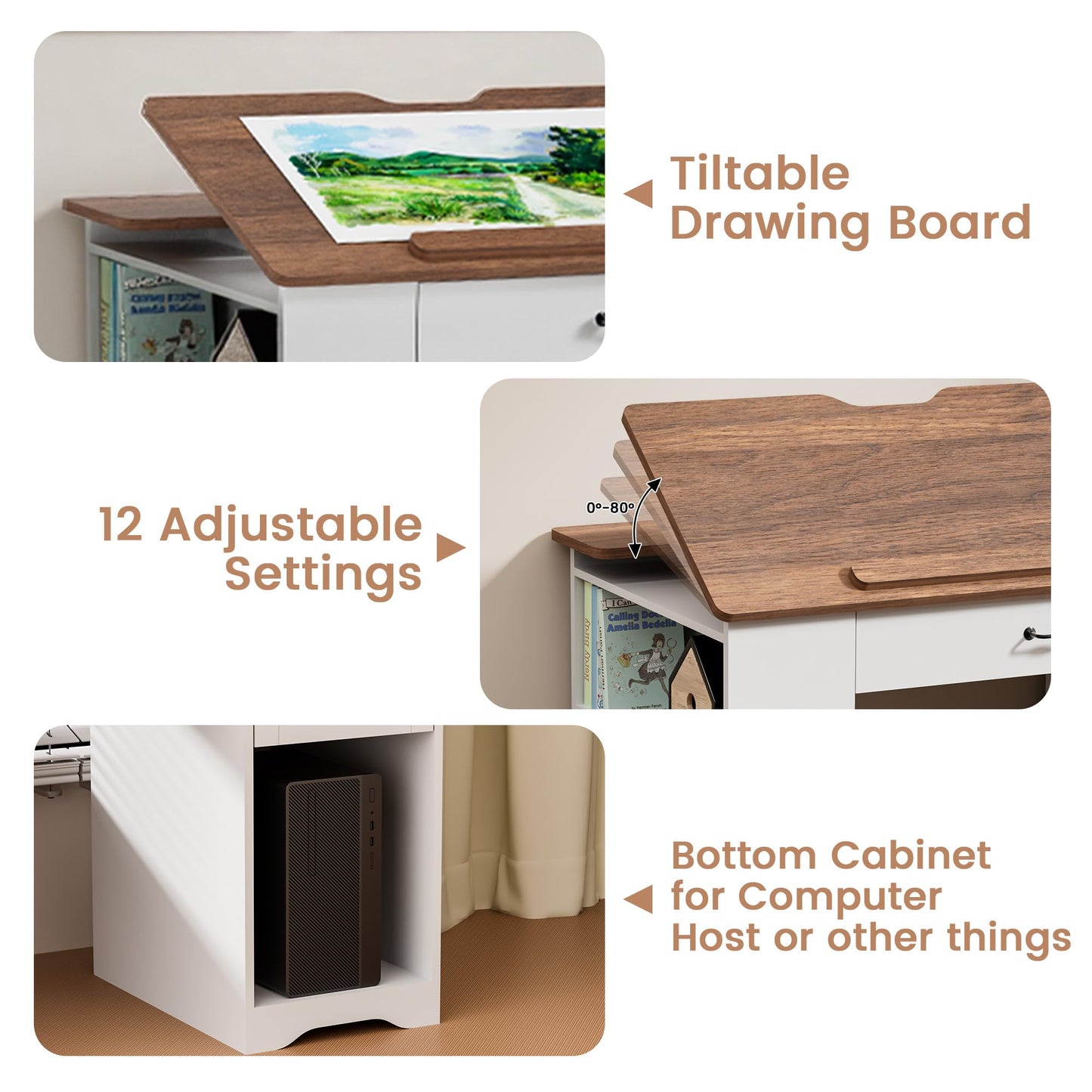 Smilets Crafting Table with Storage Cabinet & Drawers, Adjustable Drafting Table with Open Shelves, Drawing Computer Desk, Painting Desk, Workstation for Home Office Reading, Writing, Craftin
