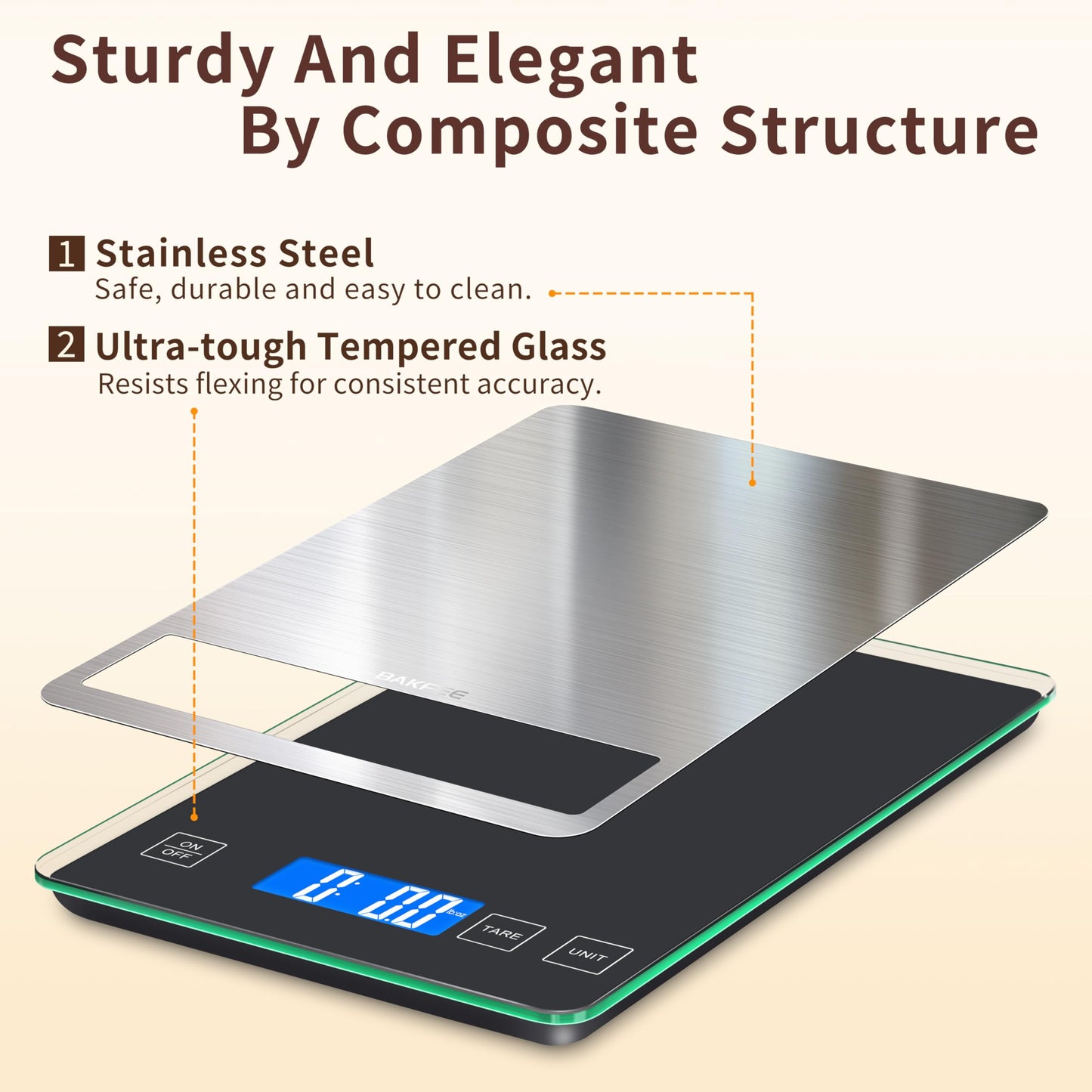 BakFee Food Scale, 33lb Digital Kitchen Scale with Stainless Steel & Tempered Glass, USB Rechargeable, 1g/0.05oz Precise Weighing, Splash-Resistant and Sturdy Surface, for Cooking, Baking, Weight Loss
