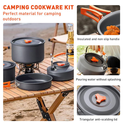 Camping Cookware Camping Cooking Set, Non-Stick Hard-Anodized Aluminum Pot & Pan with Kettle, 2 Forks Knives Spoons, 2 Plates & Folding Cups, Compact Backpacking Cookware for 2-3 People, Camping Gift