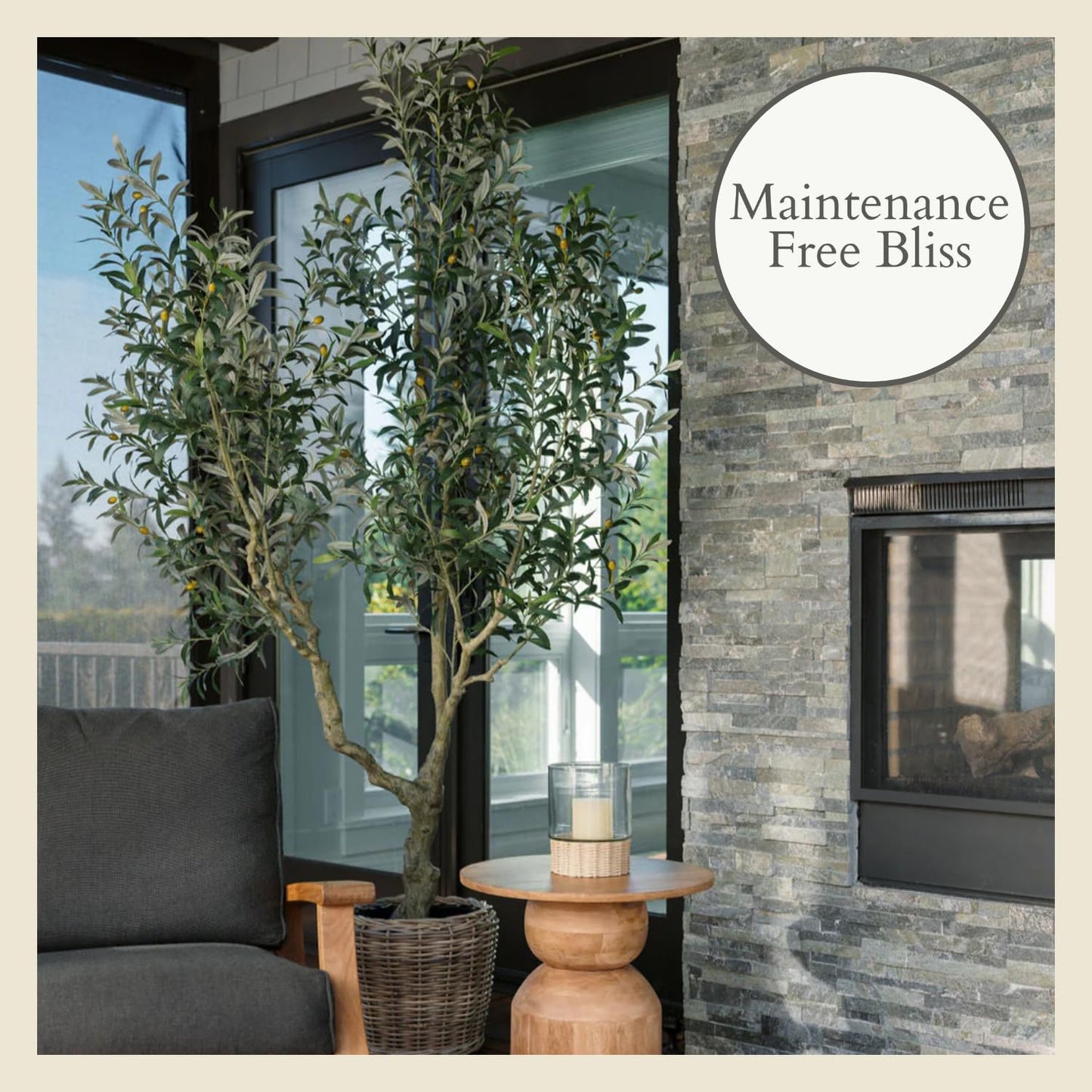CG Hunter Designer Faux Olive Tree, Premium Handmade Artificial Indoor Tree Stands 8-ft Tall, Lifelike-Leaves & Hand Painted Trunk, Black Grower Pot Included