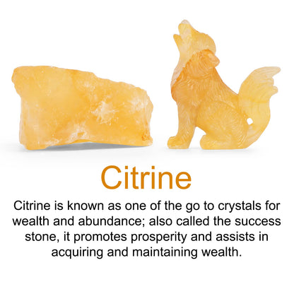 LEADGEM 2.0" Citrine Crystal Big Tail Wolf Decor Figurines Wolve Statue Healing Stones Hand Carved Sculpture Ornaments Top Colletctible
