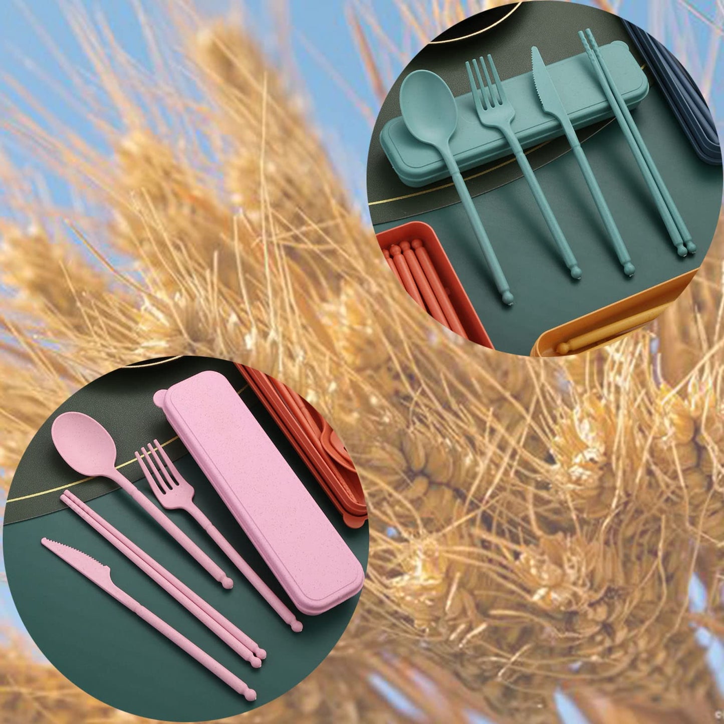 MITRIE 8-Color Wheat Straw Portable Utensil Set with Case – Reusable Travel Cutlery Set for Camping, Office, Picnic – Includes Spoon, Fork, Knife, Chopsticks