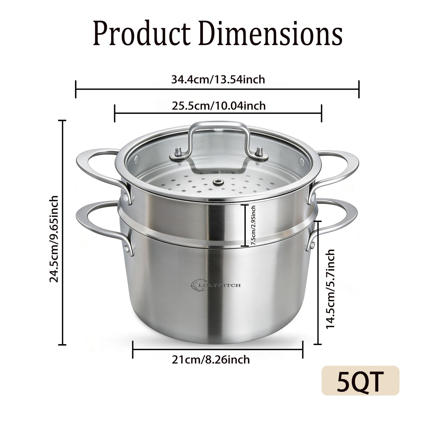 LOLYKITCH 5 Quart Stainless Steel Steamer Pot with Glass Lid, 3-Ply Steaming Pot for Cooking, 2 Tier Induction Steamer Pot for Tamales Seafood Vegetables Dumplings Stock Pot, Thick