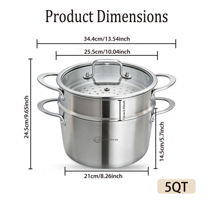 LOLYKITCH 5 Quart Stainless Steel Steamer Pot with Glass Lid, 3-Ply Steaming Pot for Cooking, 2 Tier Induction Steamer Pot for Tamales Seafood Vegetables Dumplings Stock Pot, Thick