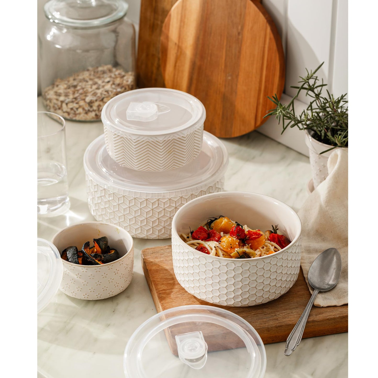MIKIGEY Serving Bowls with Lids, Ceramic Embossed Nesting Mixing Bowls, Set of 4, Serving Bowls Set for Food Storage, Popcorn, Salad etc, Microwave & Dishwasher Safe, 10/18/33/50 OZ, Off-White