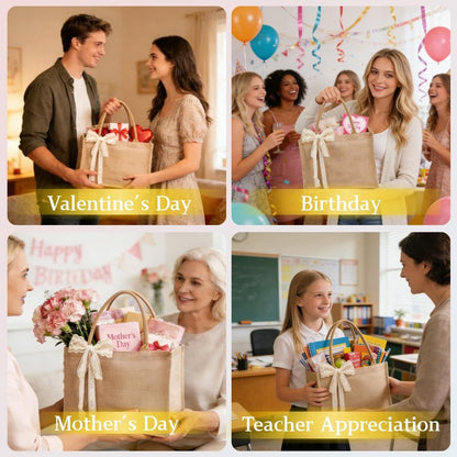 Karinoos 6pcs Burlap Tote Bag Set with Handles, Waterproof Reusable Blank Grocery Bags with Ribbon Large Jute Tote 15.35 * 6 * 12 Inch for Women Bridesmaid Gift Beach Pool Shopping Wedding Travel DIY