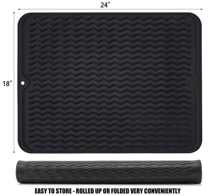 Large 24" x 18" Silicone Dish Drying Mat for Kitchen Counter, Easy clean, Quick Dry, Heat-resistant Dish Drainer Mat for Sink,Refrigerator or Drawer liner (Food Grade Silicone-Black)
