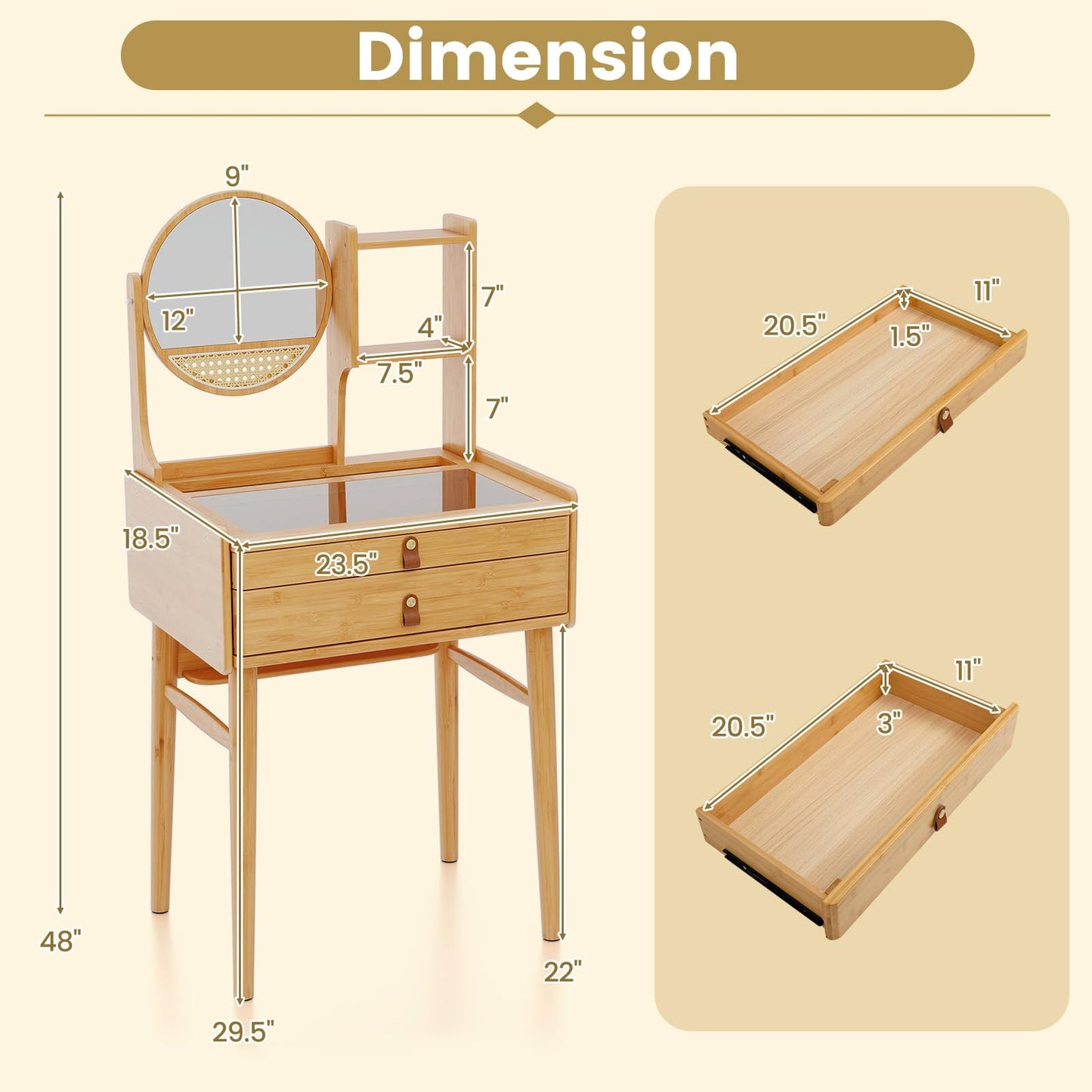 CHARMAID Small Bamboo Vanity Desk with Mirror and Stool, Glass Top Makeup Vanity Table with Storage Drawers, Shelves & Deep Tabletop Groove, Compact Dressing Table for Bedroom Small Spaces, 23.5" W
