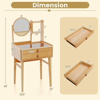 CHARMAID Small Bamboo Vanity Desk with Mirror and Stool, Glass Top Makeup Vanity Table with Storage Drawers, Shelves & Deep Tabletop Groove, Compact Dressing Table for Bedroom Small Spaces, 23.5" W