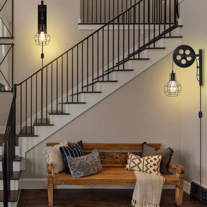 BAODEN Plug in Wall Sconce Rustic Wall Light Lift Pulley Matte Iron Cage Shade Metal Black Industrial Mid Century Wall Lamp Indoor Lighting Barn Restaurant