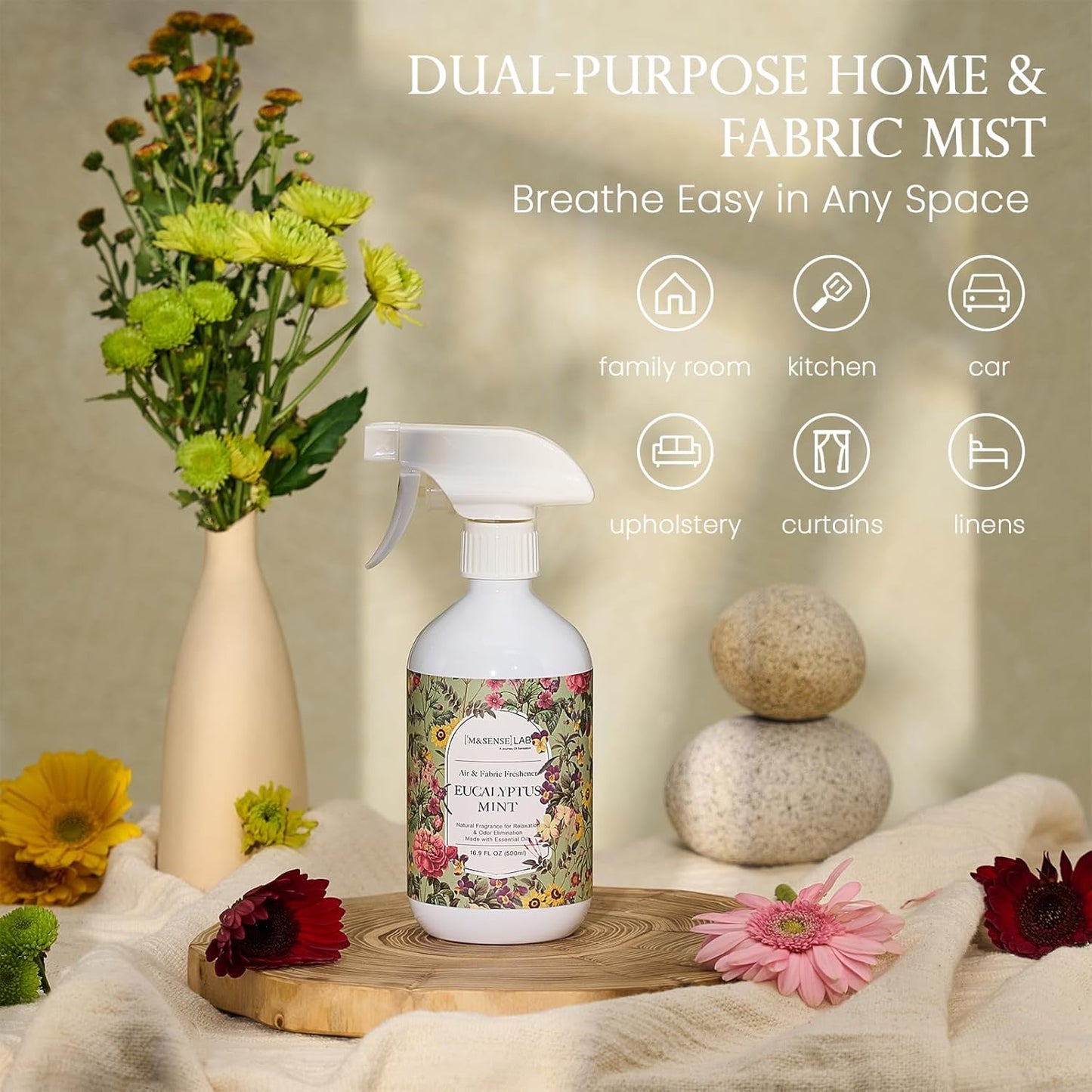 16.9oz M&SENSE Air & Fabric & Pet Odor Eliminator Spray - Large Size Natural Safe Air Freshener Eucalyptus Mint Scented