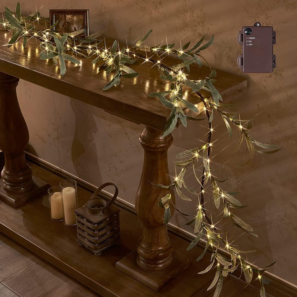 6FT 96 Hairui Lighted Artificial Olive Garland LED Fairy Lights Battery Operated, Faux Vine Lights with Timer