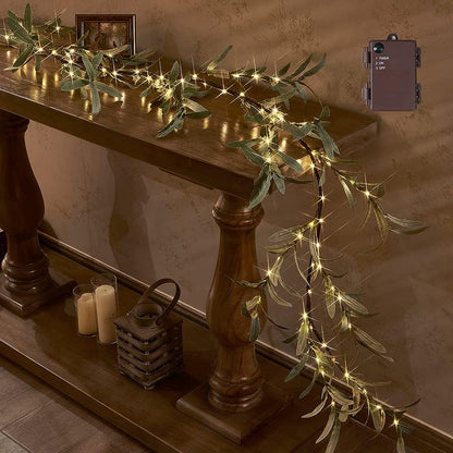 6FT 96 Hairui Lighted Artificial Olive Garland LED Fairy Lights Battery Operated, Faux Vine Lights with Timer