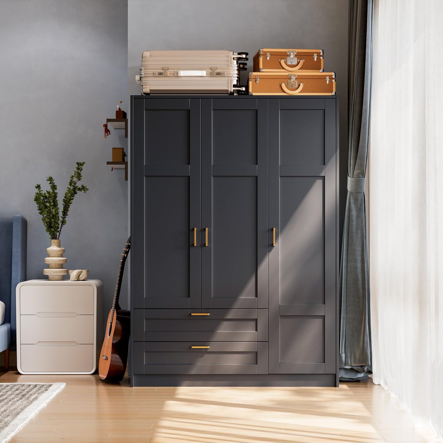 66" 3 Doors Wooden Wardrobe Closet Armoire with 2 Drawers & 3 Shelves, Wooden Wardrobe Closet with Hanging Rod, Bedroom Large Capacity Freestanding Armoire for Bedroom,Cloak Room,Entrance Hall, Black