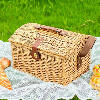 LBGMEIG Rattan Picnic Basket Set with Tableware and Picnic Blanket, Outdoor Camping Storage Box, Portable Picnic Hamper with Cover