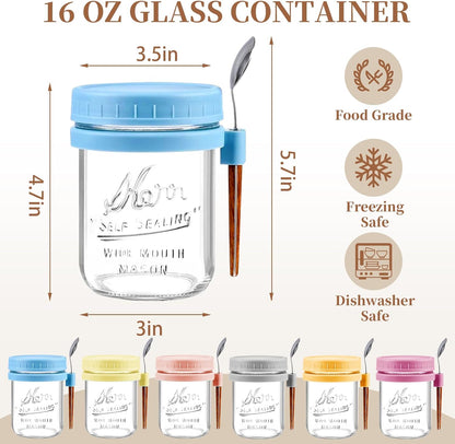 AsstarJTK 6 Pack 16 Oz Overnight Oats Containers with Lids and Spoons - Glass Mason Jars for Overnight Oats Airtight