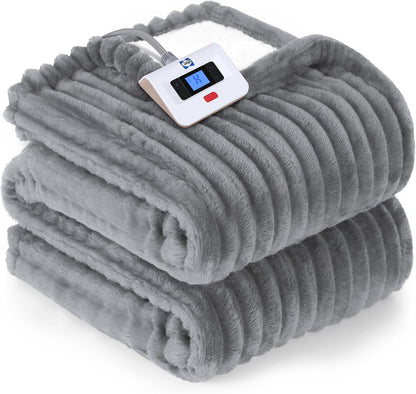 SEALY Electric Blanket Full Size, Soft Ribbed Flannel to Sherpa Reversible Heated Blanket with 10 Heat Settings & 1-12 Hours Auto-Off Overheat Protection, Machine Washable, 72"x84" Beige
