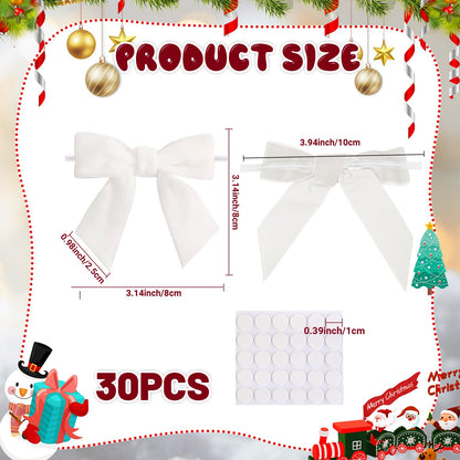 30 Counts 3.15Inch Velvet Bows with Adhesive Dots, Self-Adhesive Christmas Bows for Gift Wrapping Boxes, Wedding Decor, Christmas Tree Ornaments (White)