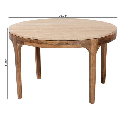 Baxton Studio Prospero Round Travertine Coffee Table - Modern Accent Table with Mango Wood Frame for Living Room or Seating Areas