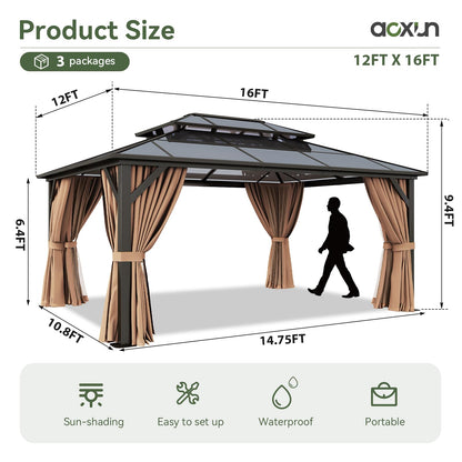 Aoxun 12'x16' Hardtop Gazebo, Outdoor Metal Gazebo with Double Polycarbonate Roof Canopy, Permanent Pavilion with Netting and Curtains for Lawn, Garden, Patio (Khaki)