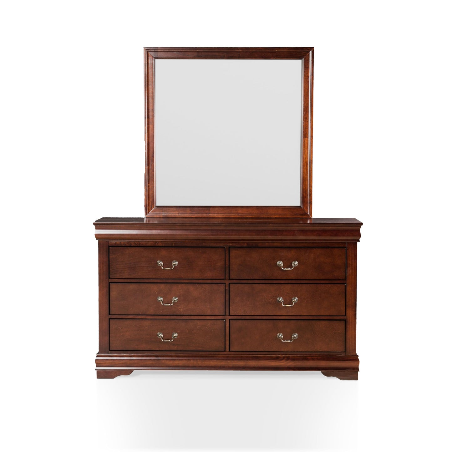Furniture of America Louis Philippe Traditional Wooden 6 Drawer Dresser with Mirror, Vintage Bedroom Set, Accent Vanity Dressing Table with Antique Nickle Handles, Walk-in Closet, Cherry