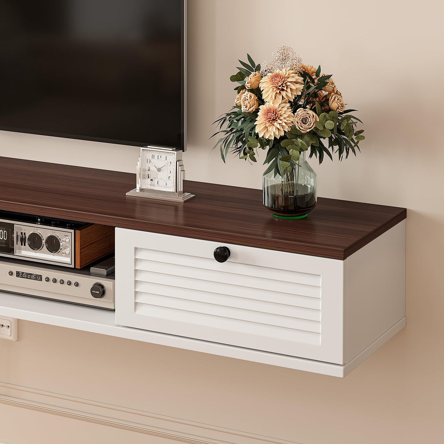 FloatiCasa Floating TV Stand,Plywood Wall Mounted Media Console with 2 Doors & Open Storage,Modern Under TV Cabinet for Living Room & Bedroom,White & Walnut, 78 inch