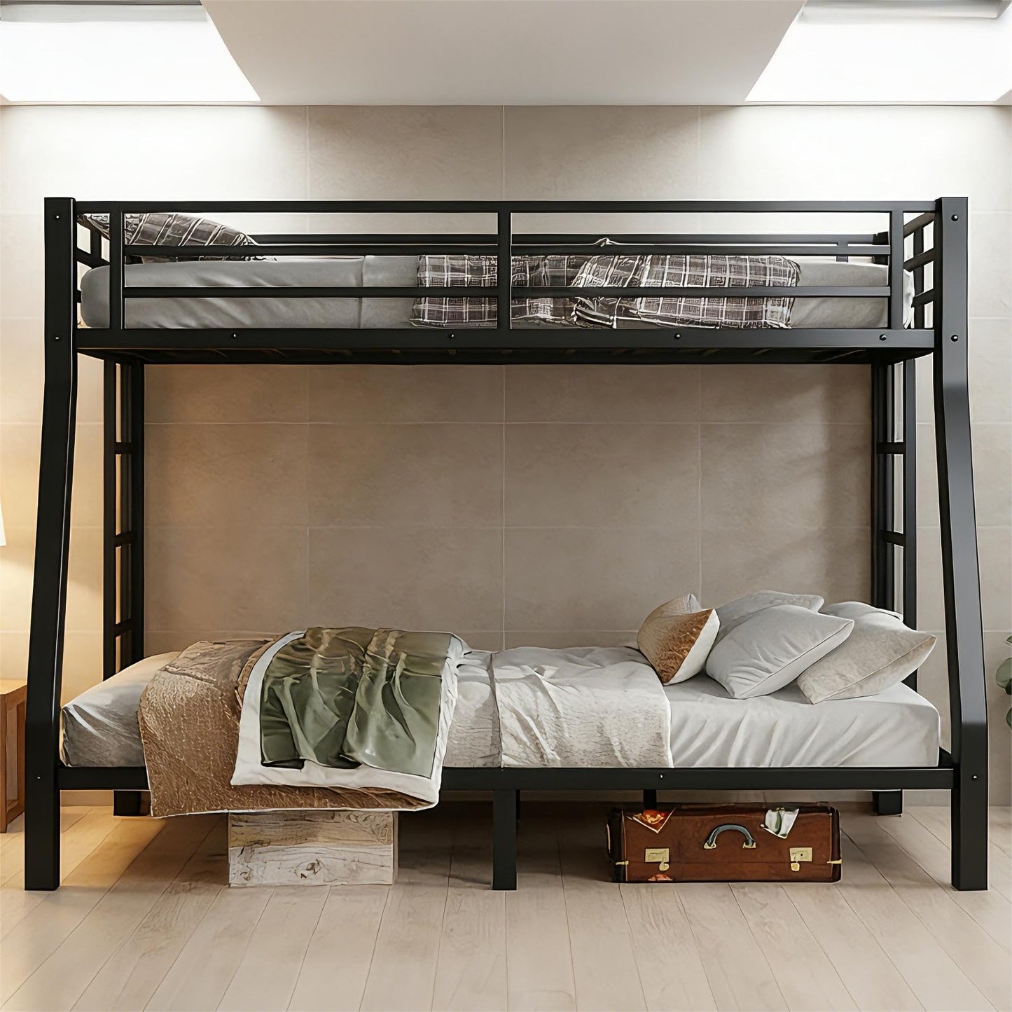 Bellemave Metal Full XL Over Queen Bunk Bed with High Guardrail & Under-Bed Storage, Heavy Duty Bunk Beds Frame with 2 Side Ladders, Full Over Queen Bunk Bed for Adults, No Box Spring Needed, Black