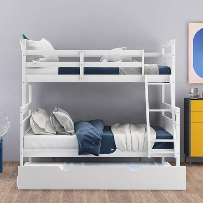 Merax Twin Over Full Wood Bunk Bed Withe Trundle and Safety Guardrail for Teens, Guests，No Box Spring Needed, White