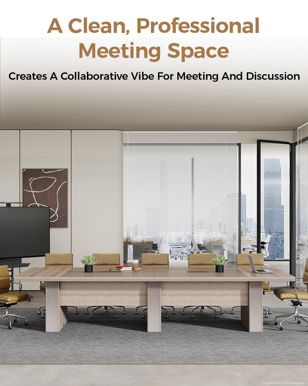 Nuipesn 12-ft Rectangular Conference Table, 142" × 51" Extra Wide Boardroom Table for 12-14 People, Dual Cable Grommets, 1.6" Thick Top, Light Oak & Gray
