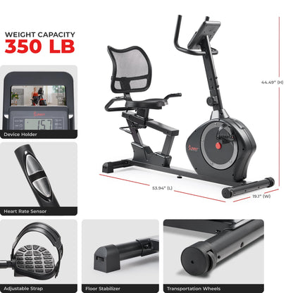 Sunny Health & Fitness Smart Recumbent Bike Exercise Machine, 350LB Weight Capacity, Non-Crank Design, Adjustable Cushion Seat for Adult/Seniors Workout at Home, Exclusive SunnyFit App Bluetooth Link