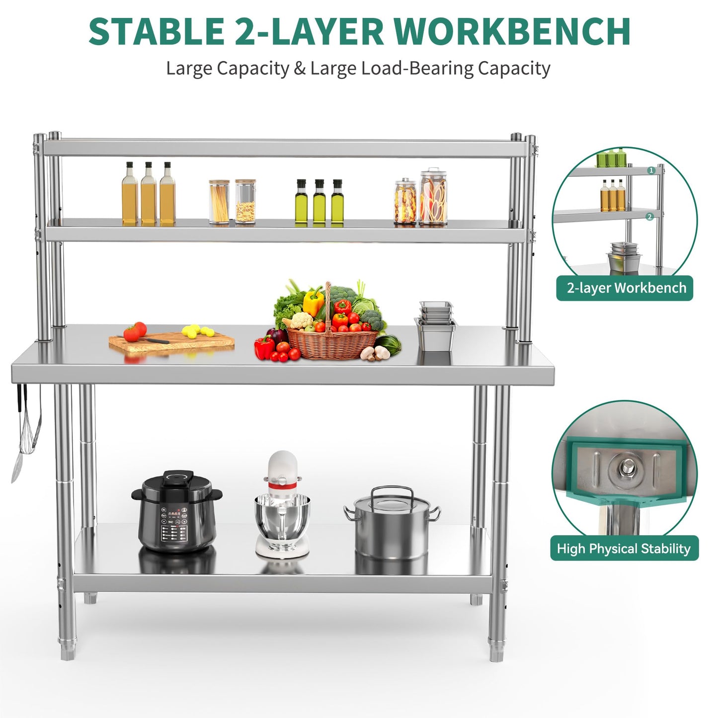 YITAHOME NSF Stainless Steel Table with Overshelves, 48" X 24" Work Table with 48" X 12" Shelf, Metal Table Prep Table for Home Kitchen Restaurant Garage Warehouse
