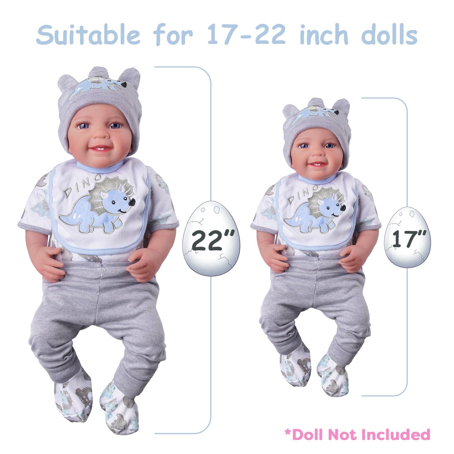 BABESIDE 6 Pcs Reborn Baby Doll Clothes for 17-22 Inch Babydolls, Dinosaurs Pattern Lifelike Reborn Baby Doll Accessories with Hat Bib and Socks for Realistic Baby Dolls Boy & Girl