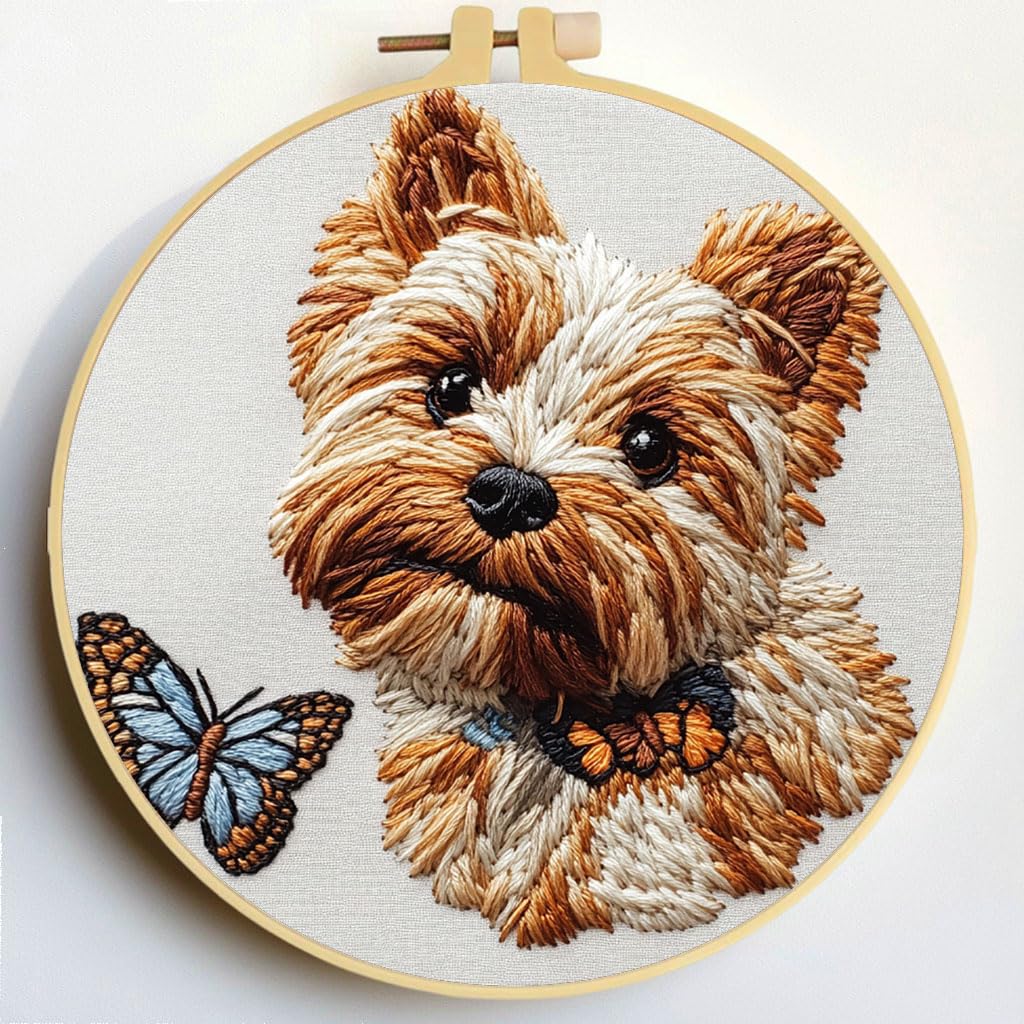 Punch Needle Kits Yorkshire Terrier Dog and Butterfly Embroidery Starter Set with Hoop Easy for Beginners DIY Stress Relief Handmade Craft Hobby and Home Decor 20x20cm-2