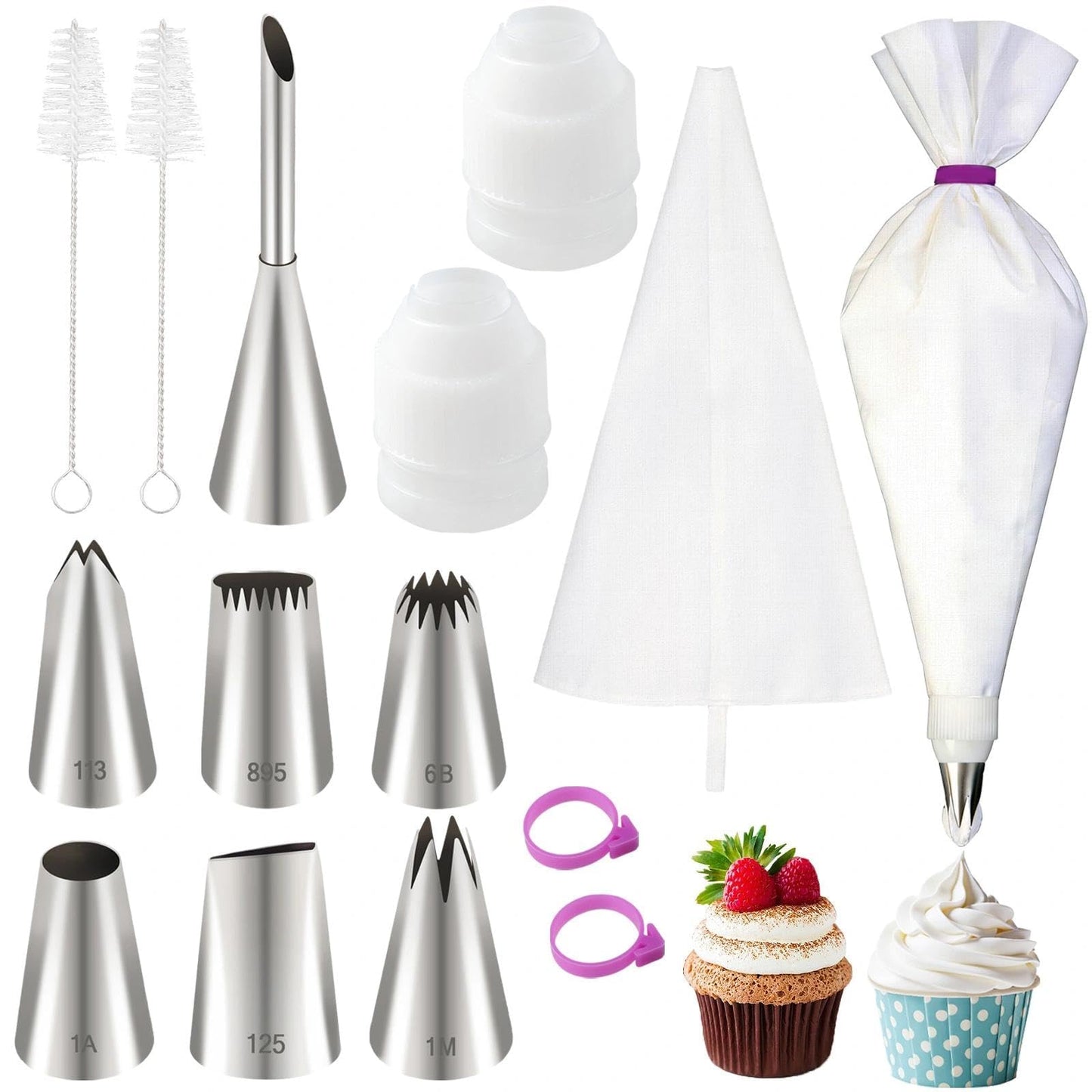 LLMSIX 15pcs Reusable Cotton Piping Bags and Tips Set with 7 Stainless Steel Piping Tip, Large Piping Tips and Churro Tip for Cake Cupcake Pastry Decoration and Cream Puff Filling