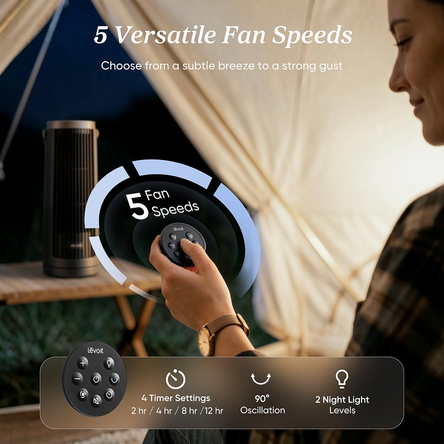 LEVOIT Tower Fan for Bedroom, 20dB Portable Fan with 23ft/s, Up to 20-Hour Battery Life, Easy-to-Carry Desk Fan, 5 Speeds 90° Oscillation, DC Motor, Night Light & Timer, Remoter, for Outdoors, Home