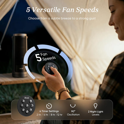 LEVOIT Tower Fan for Bedroom, 20dB Portable Fan with 23ft/s, Up to 20-Hour Battery Life, Easy-to-Carry Desk Fan, 5 Speeds 90° Oscillation, DC Motor, Night Light & Timer, Remoter, for Outdoors, Home