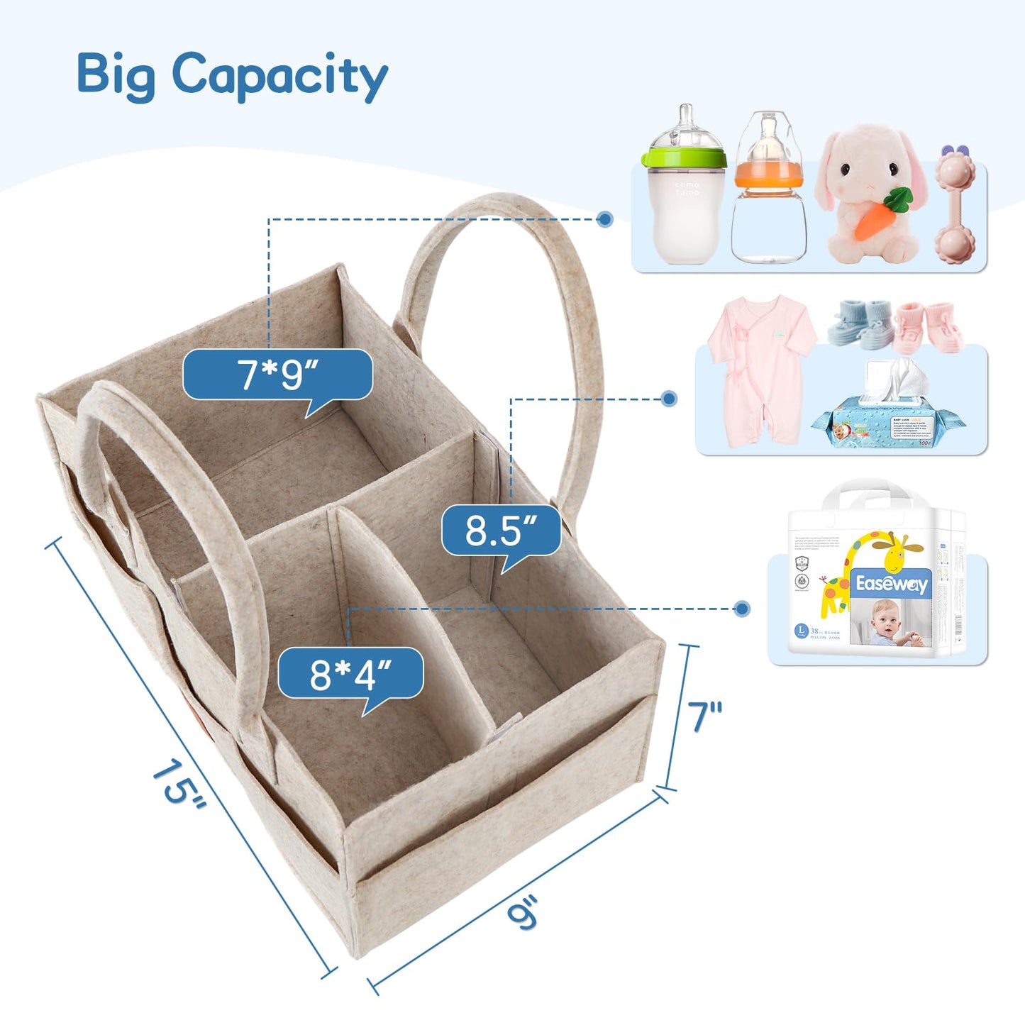 Maliton Baby Diaper Caddy Organizer for Changing Table, Nursery Storage Bin Basket with Handle, Felt Diaper Organizer Suitable for Indoor Outdoor (Khaki)