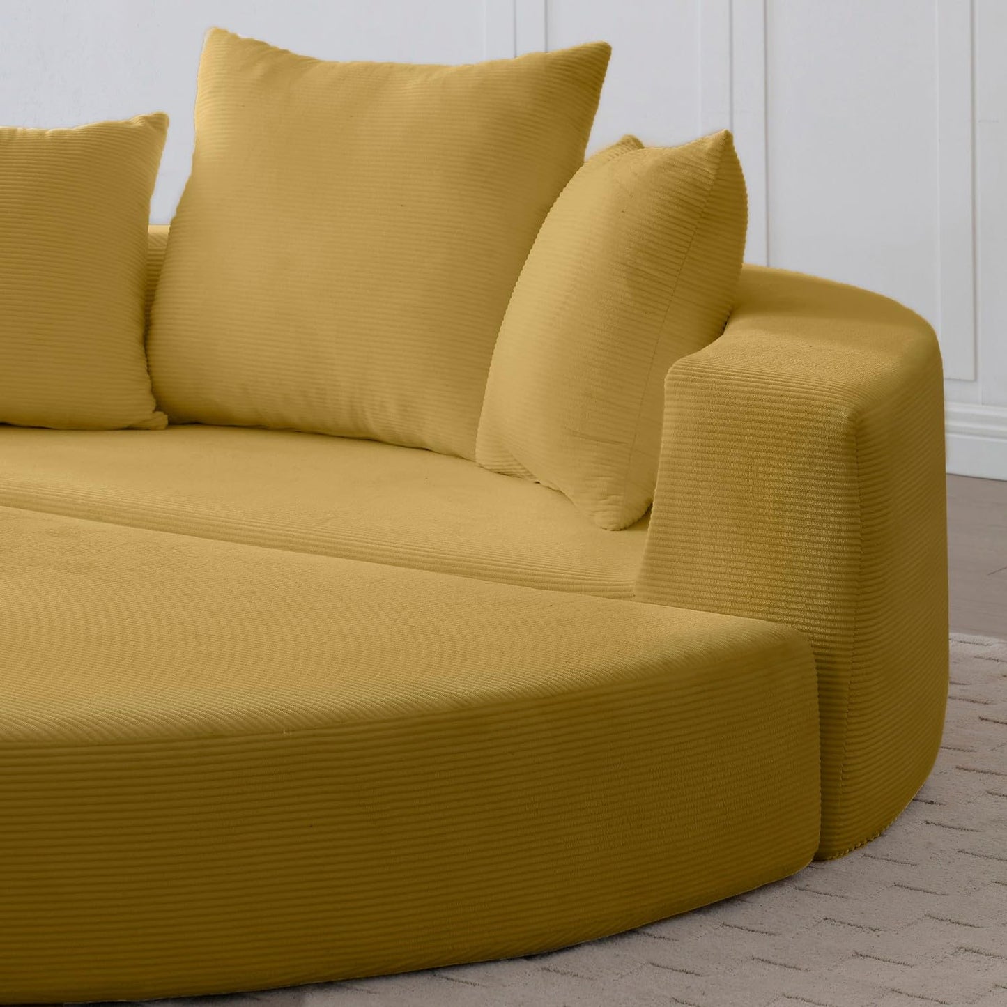 UOCFYK Folding Sofa Bed, Corduroy Circular Boneless Couch, No Assembly Convertible Sleeper Sofa with 3 Pillow, Comfy Futon Sofa Bed for Apartment, Office, Bedroom, Living Room, Yellow