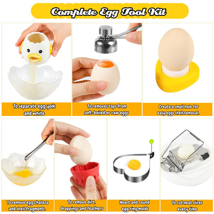 10-in-1 Egg Tool Set:1 Chalaza Remover Tongs,2 Piercers,2 Fry Rings,2 Brush Cleaners,1 Shell Opener,1 Egg Separator,1 Egg Slicer -All Essential Egg Prep Gadgets for Perfect Cooking