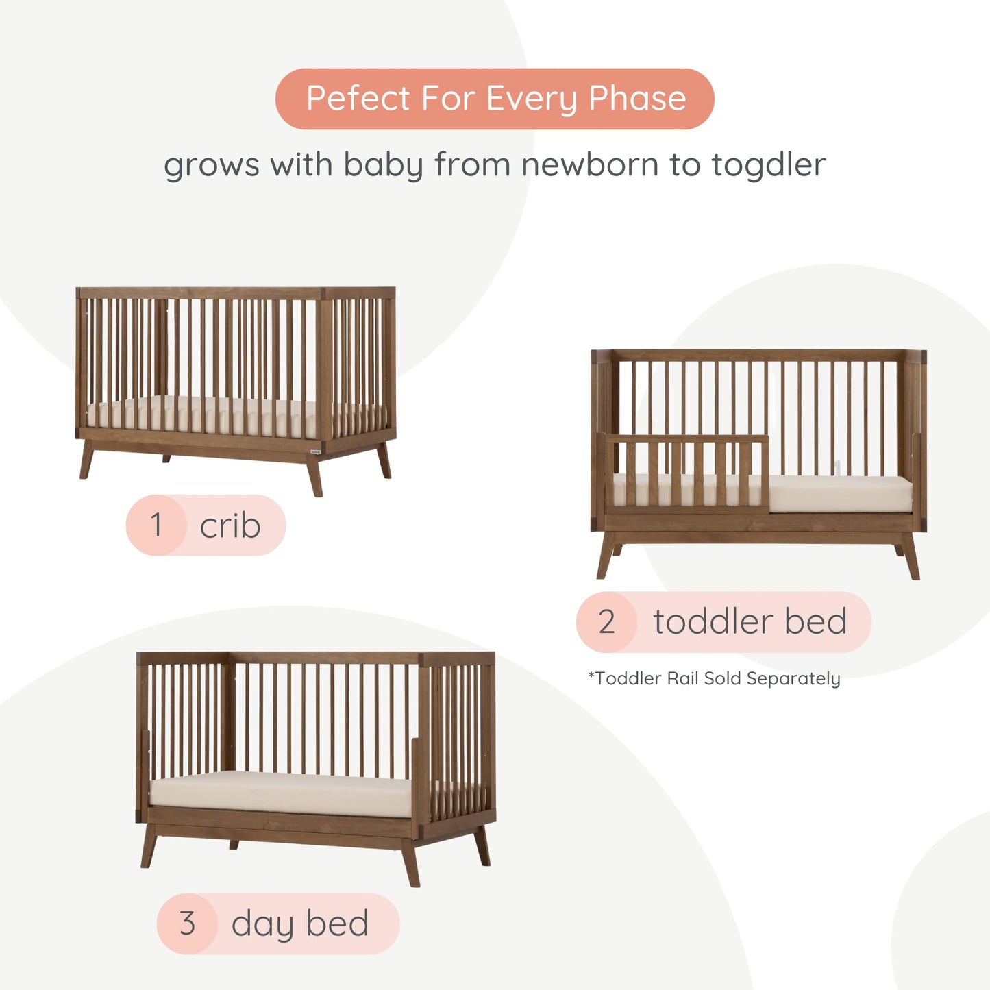 dadada Baby Soho 3-in-1 Convertible Wooden Crib to Toddler Bed - Made in Italy, GREENGUARD Gold Certified, Baby-Safe Finish, Handcrafted Beechwood, Modern Design, 3 Adjustable Heights (Walnut)