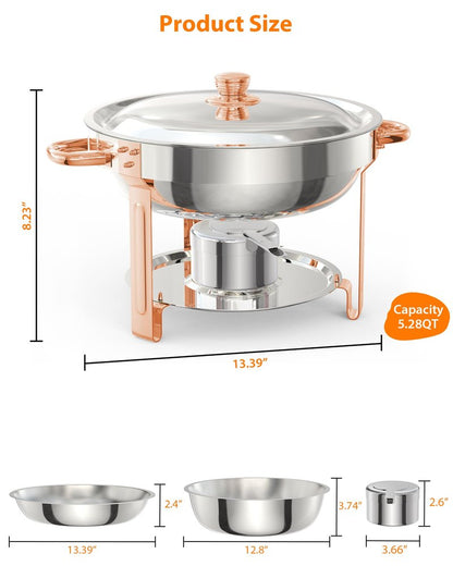 Chafing Dish for Buffet 2 Pack, 5 QT Round Chafing Dishes Buffet Set w/Lid Holder, Stainless Steel Chafers and Food Warmers with Spoon and Tweezers for Parties, Weddings, Events, Banquet, Rose Gold