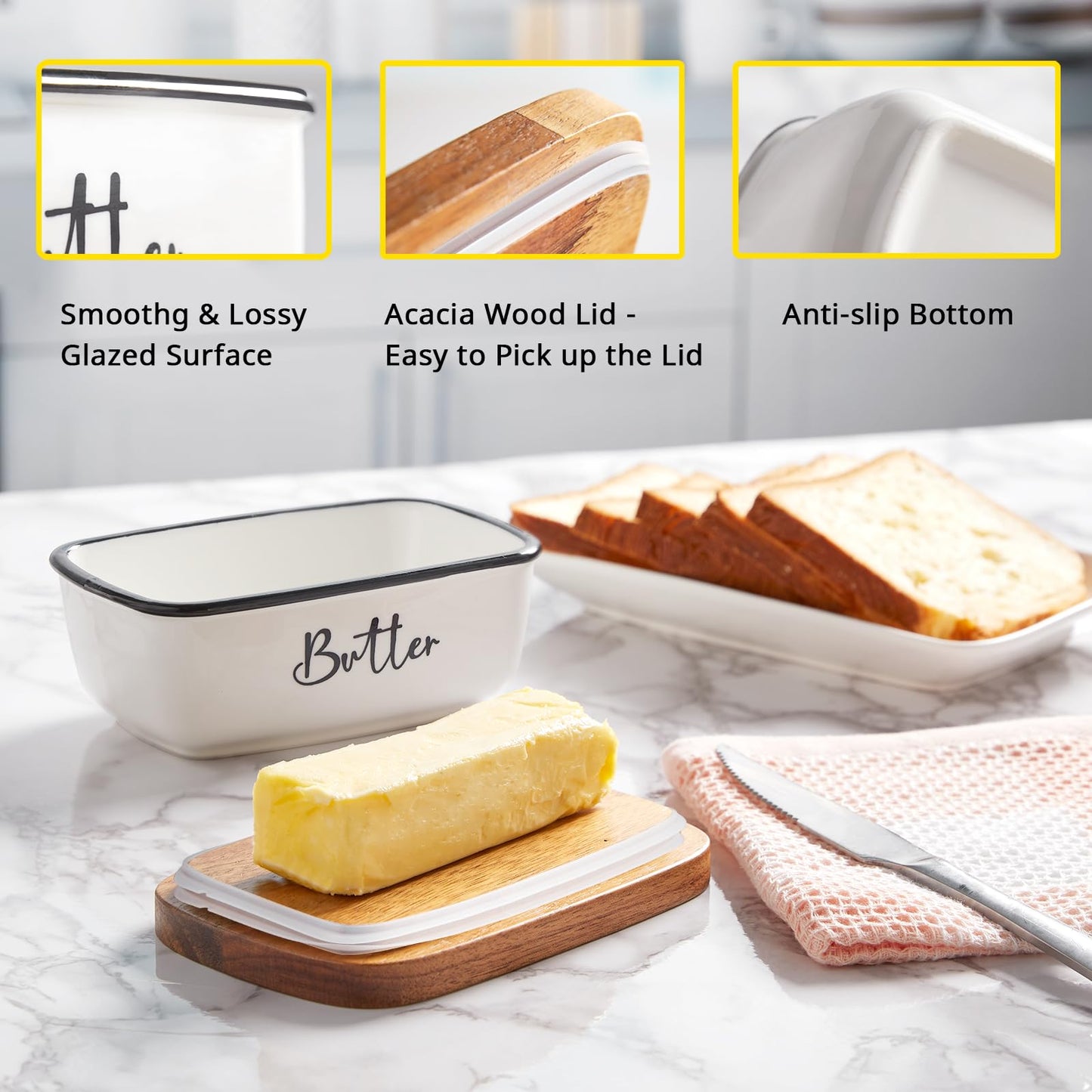 Butter Dish with Lid, ALELION Large Ceramic Butter Dish for Countertop, Butter Keeper with Thick Acacia Wood Lid, Kitchen Decor and Accessories for Kitchen Gifts, White