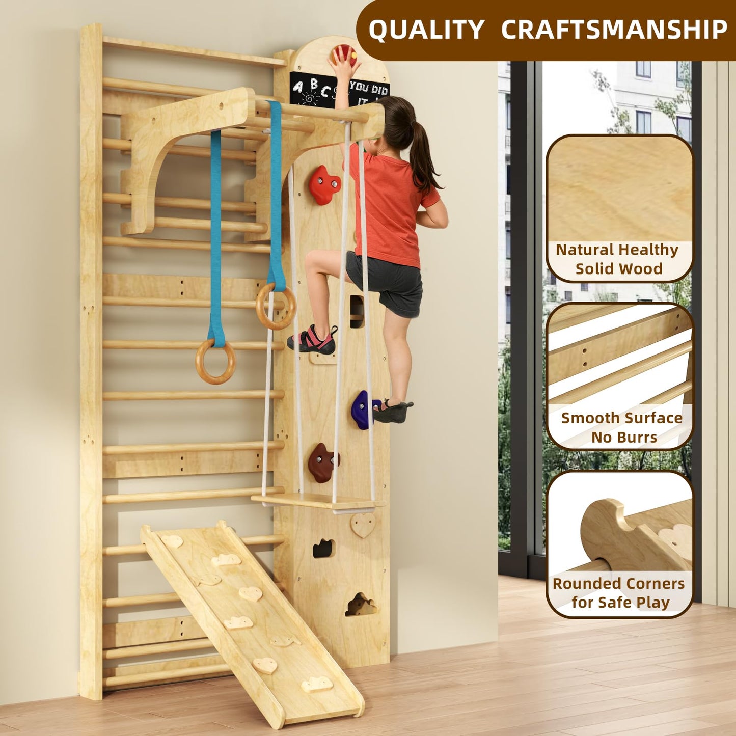 Swedish Ladder 7-in-1, Indoor Wooden Playground, Rock Climbing Wall for Kids and Adults, Kids Indoor Playset, Wooden Jungle Gym, for All Levels and Abilities