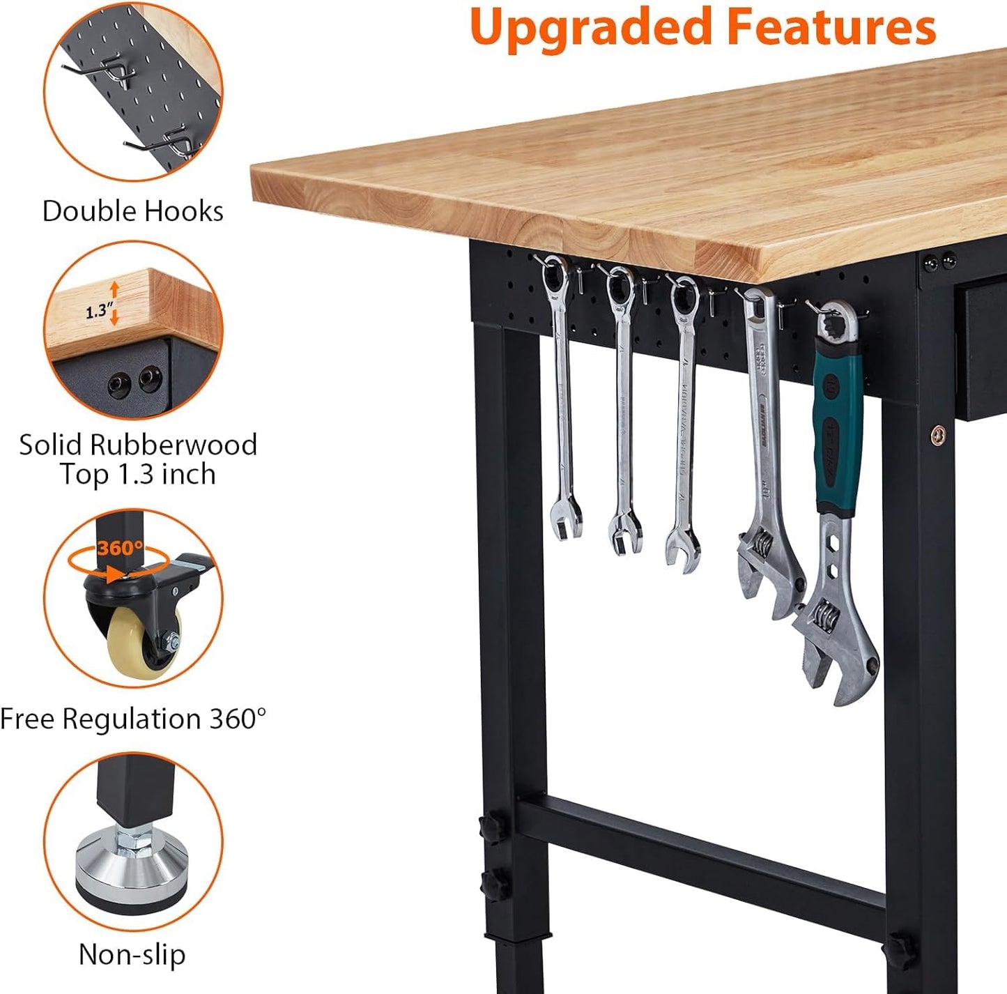 60" x 22" Adjustable Height Workbench - Heavy Duty 2000 lbs Load Capacity, Solid Rubber Wood Top, Sturdy Metal Frame, Workstation with Drawer & Rolling Casters, Power Outlets for Garage & Workshop