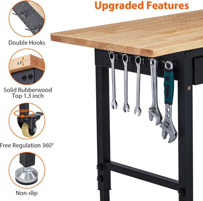 60" x 22" Adjustable Height Workbench - Heavy Duty 2000 lbs Load Capacity, Solid Rubber Wood Top, Sturdy Metal Frame, Workstation with Drawer & Rolling Casters, Power Outlets for Garage & Workshop